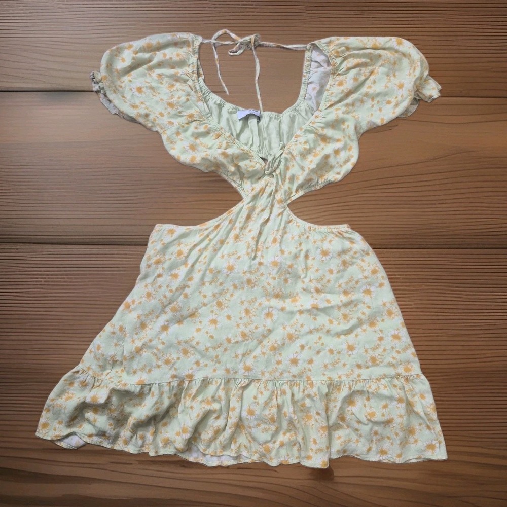 Sophie Rue Women's Yellow Floral Puff Sleeve Open Back Mini Dress Cottagecore M